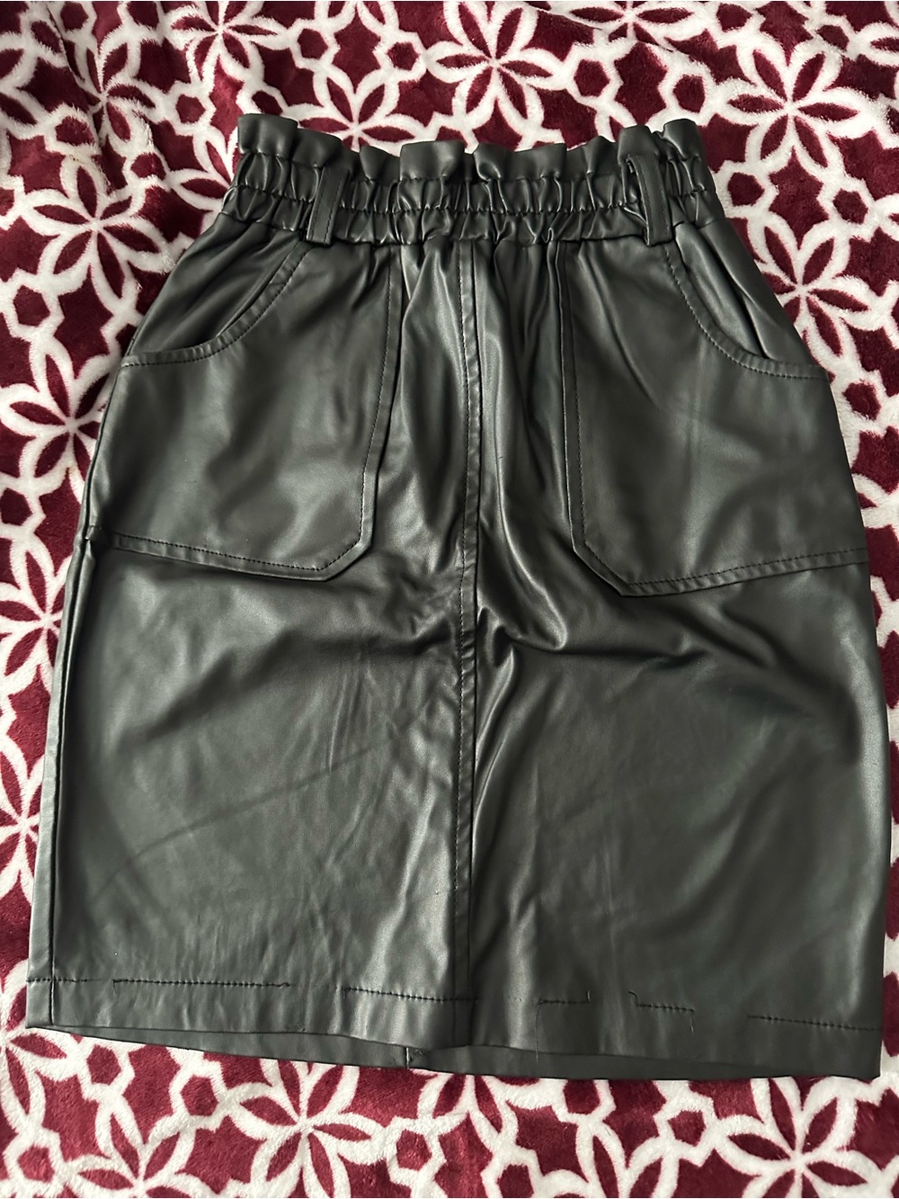 #130 Girls Black Faux Leather Paperbag Waist Skirt